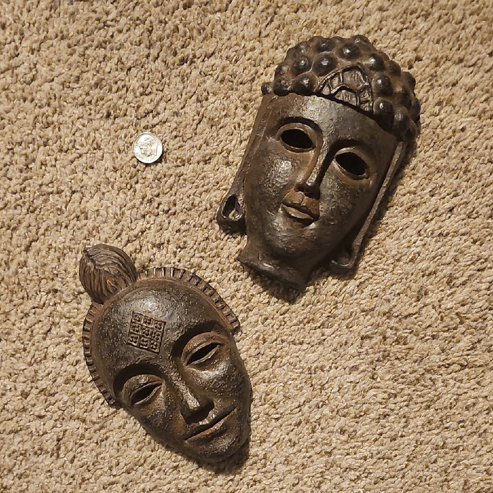 Rare Vintage Asian Buddha Decorative Brown Buddha Wall Masks Set Of 2